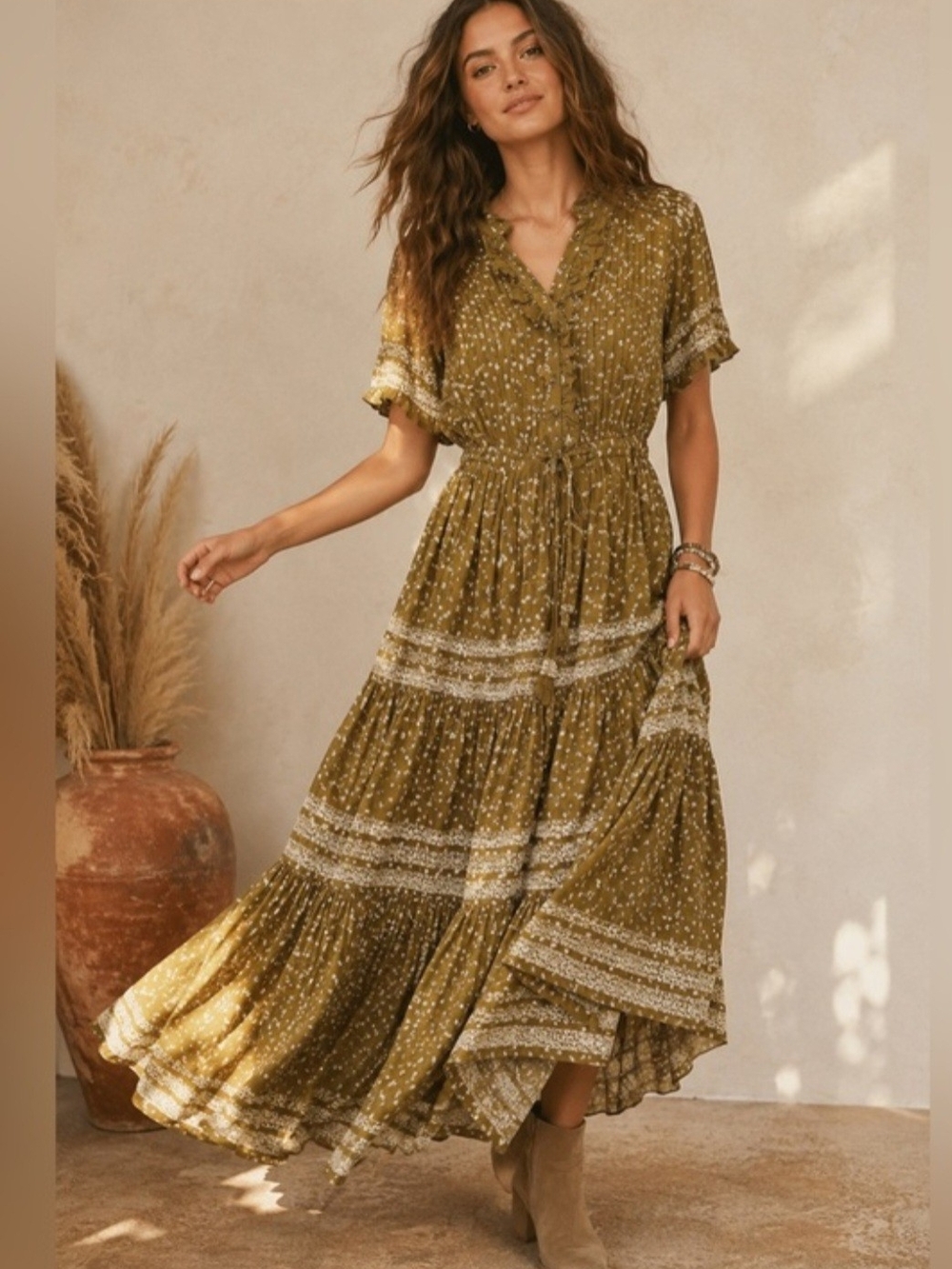 Free People Olive Floral Tiered Maxi Dress